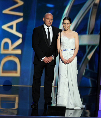 Breaking Bad's Dean Norris and Game of Thrones star Emilia Clarke presented an award together at the Emmys.
Breaking Bad's Dean Norris and Game of Thrones star Emilia Clarke presented an award together at the Emmys.