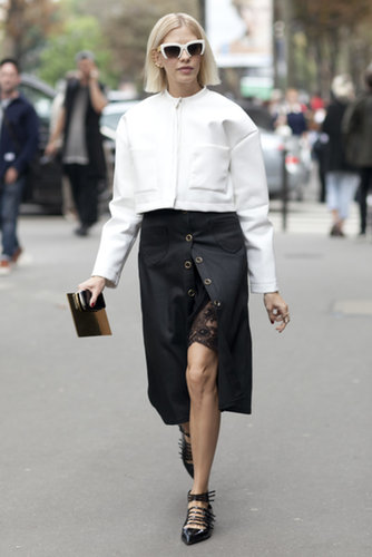 Elena Perminova's black and white look was also an exercise in clever layers.
Elena Perminova's black and white look was also an exercise in clever layers.