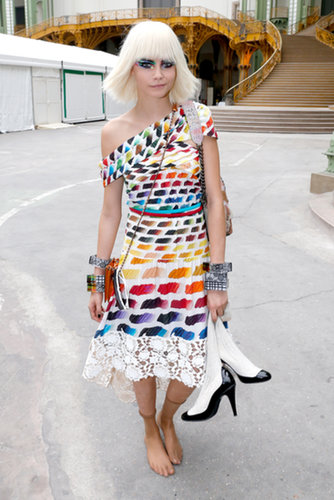 Cara Delevingne wore a rainbow frock for Chanel.
Cara Delevingne wore a rainbow frock for Chanel.