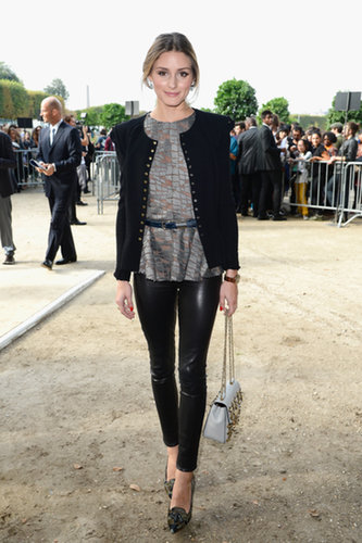 Olivia showed her glam-rock side at Elie Saab in a shimmering top, strong-shouldered jacket, and pair of ultraslick leather leggings.
Olivia showed her glam-rock side at Elie Saab in a shimmering top, strong-shouldered jacket, and pair of ultraslick leather leggings.