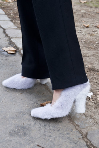 Fuzzy heels were made for the streets of Fashion Week.
Fuzzy heels were made for the streets of Fashion Week.