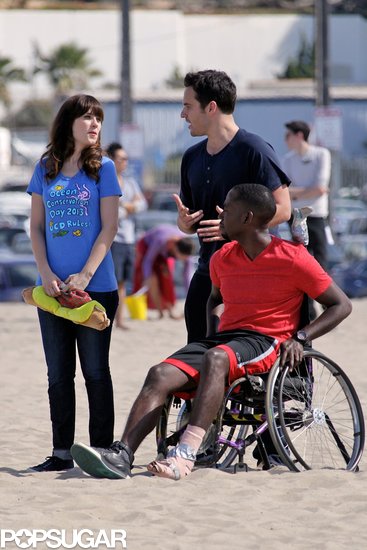 Jake Johnson and Zooey Deschanel filmed a scene with wheelchair-confined Lamorne Morris.
Jake Johnson and Zooey Deschanel filmed a scene with wheelchair-confined Lamorne Morris.