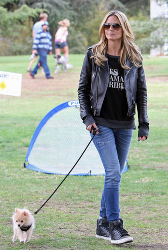 Heidi Klum was sporty with a hint of rocker-chic in a black leather biker jacket and high-top sneakers at a park in LA.
Heidi Klum was sporty with a hint of rocker-chic in a black leather biker jacket and high-top sneakers at a park in LA.