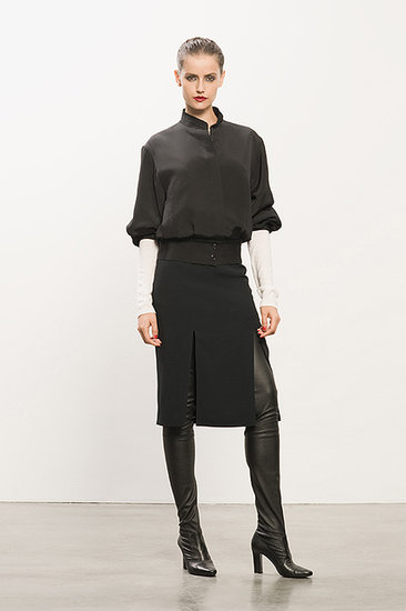 Bomber Black Jacket ($695), Cashmere Cream Sheer Sweater ($395), Double Slit Black Pencil Skirt ($450), Erotic Dream Black Leather Thigh High Boot ($1,350)
Photo courtesy of Tamara Mellon
Bomber Black Jacket ($695), Cashmere Cream Sheer Sweater ($395), Double Slit Black Pencil Skirt ($450), Erotic Dream Black Leather Thigh High Boot ($1,350)
Photo courtesy of Tamara Mellon