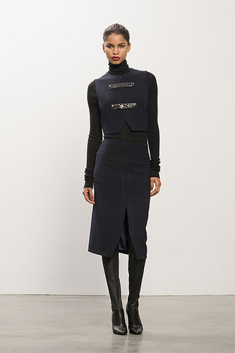 Cropped Navy Vest With Snakeskin Trim ($395), Cashmere Black Turtleneck Sweater ($495), Center Slit Navy Pencil Skirt ($495), Erotic Dream Black Leather Thigh High Boot ($1,350)
Photo courtesy of Tamara Mellon
Cropped Navy Vest With Snakeskin Trim ($395), Cashmere Black Turtleneck Sweater ($495), Center Slit Navy Pencil Skirt ($495), Erotic Dream Black Leather Thigh High Boot ($1,350)
Photo courtesy of Tamara Mellon