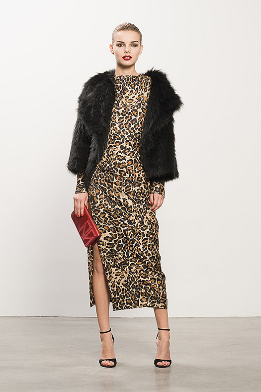 Coyote Black Fur Jacket ($2,295), Jacquard Leopard Dress ($995), Whisper Black Suede Sandal ($595), TM Enjoy Red Clutch ($495)
Photo courtesy of Tamara Mellon
Coyote Black Fur Jacket ($2,295), Jacquard Leopard Dress ($995), Whisper Black Suede Sandal ($595), TM Enjoy Red Clutch ($495)
Photo courtesy of Tamara Mellon