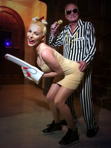 Hugh Hefner sported a striped suit as Robin Thicke, re-creating the MTV VMAs performance with Crystal Harris as Miley Cyrus.
Source: Twitter user hughhefner
Hugh Hefner sported a striped suit as Robin Thicke, re-creating the MTV VMAs performance with Crystal Harris as Miley Cyrus.
Source: Twitter user hughhefner