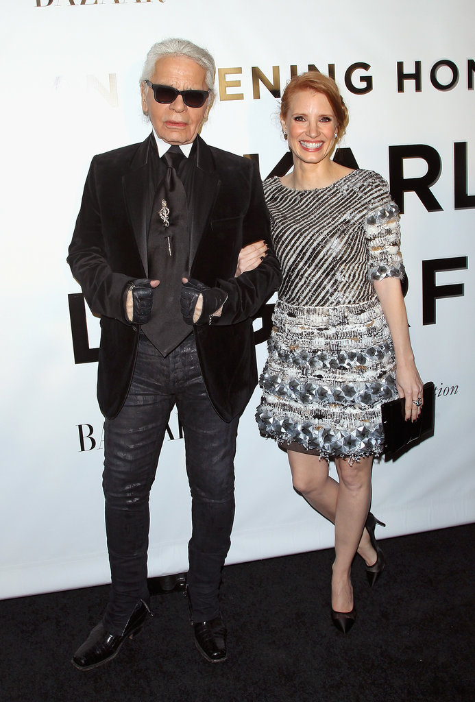 Karl Lagerfeld had a stunning date in Jessica Chastain, who wore his Haute Couture designs to an evening in his honor.
Karl Lagerfeld had a stunning date in Jessica Chastain, who wore his Haute Couture designs to an evening in his honor.