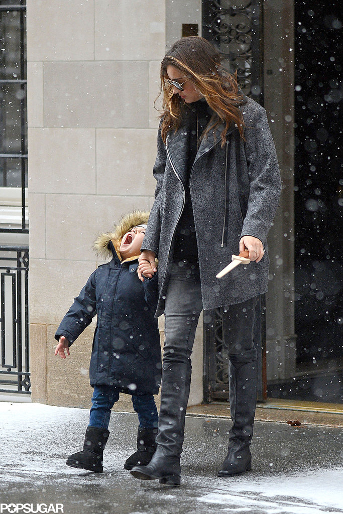 Flynn Bloom tried his best to catch a snowflake with his tongue while taking a walk with mom Miranda Kerr in NYC in December 2013. Flynn Bloom tried his best to catch a snowflake with his tongue while taking a walk with mom Miranda Kerr in NYC in December 2013.