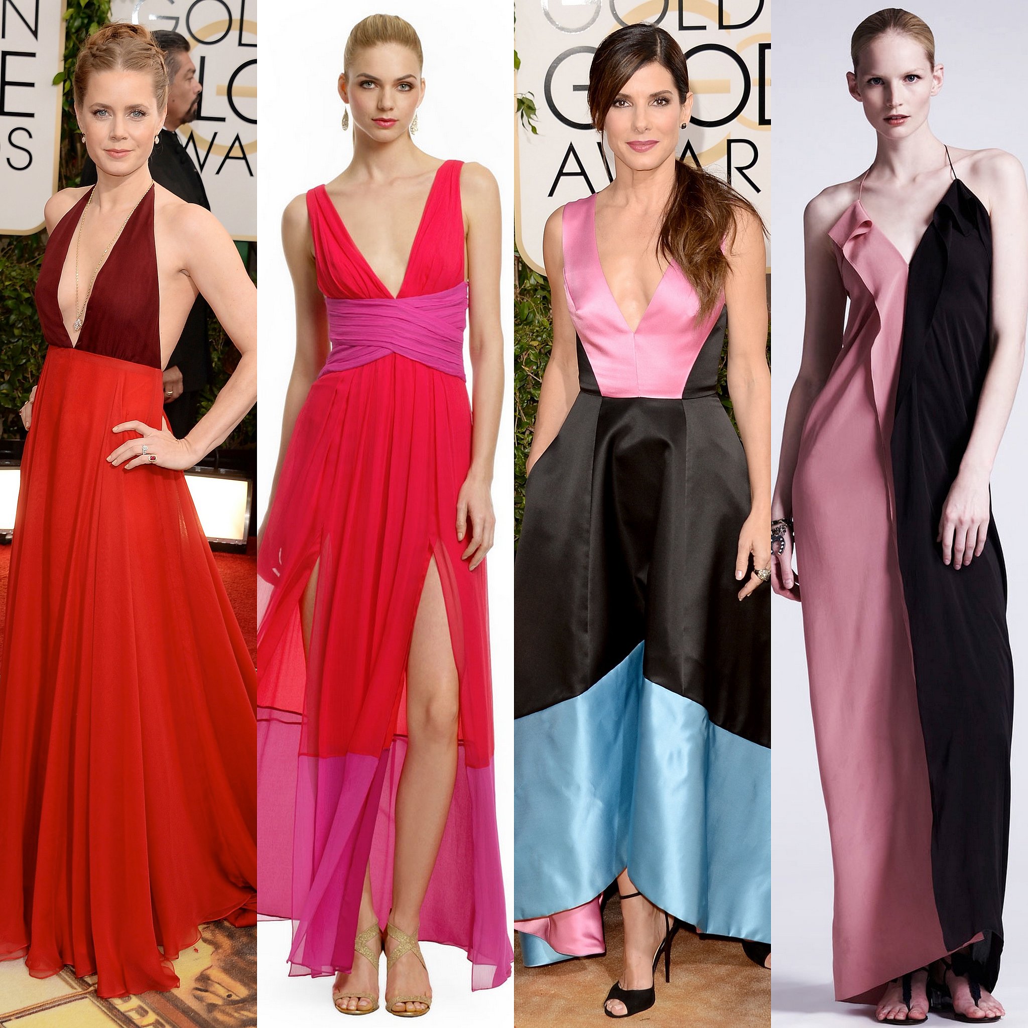 Amy Adams and Sandra Bullock are both in color-heavy colorblock gowns that accentuate each lady's best assets. Amy Adams and Sandra Bullock are both in color-heavy colorblock gowns that accentuate each lady's best assets.
