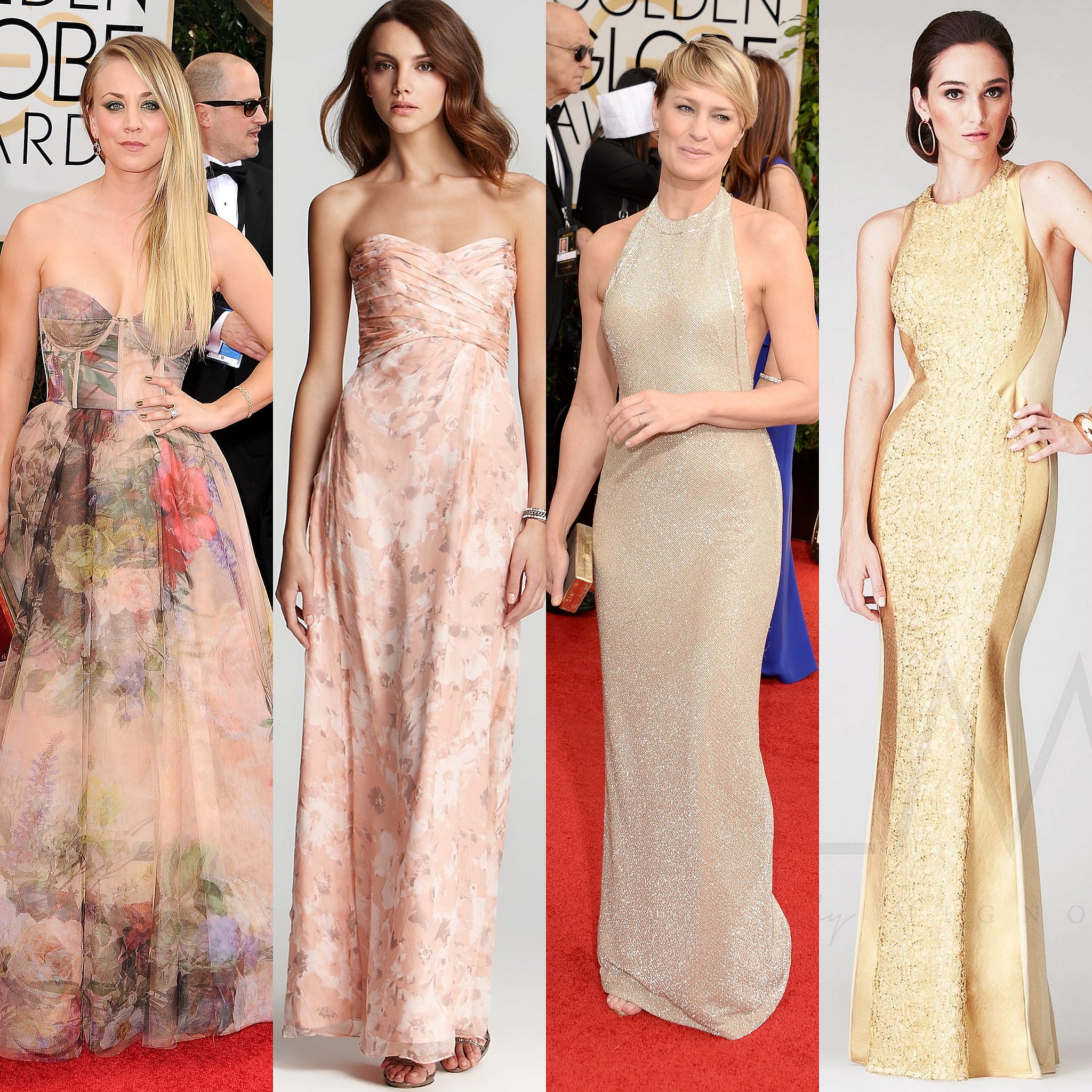 Kaley Cuoco in a pale pink floral print bustier gown and Robin Wright in a golden halter dress both look gorgeous. Kaley Cuoco in a pale pink floral print bustier gown and Robin Wright in a golden halter dress both look gorgeous.