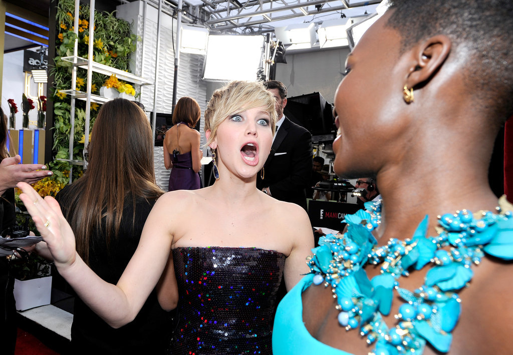 Jennifer Lawrence couldn't contain her excitement for Lupita Nyong'o on her way into the SAGs.
Jennifer Lawrence couldn't contain her excitement for Lupita Nyong'o on her way into the SAGs.