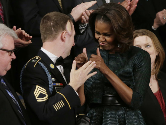 Michelle Obama gave a thumbs-up to US Army Ranger Sgt. First Class Cory Remsburg, who was injured while serving in Afghanistan. Michelle Obama gave a thumbs-up to US Army Ranger Sgt. First Class Cory Remsburg, who was injured while serving in Afghanistan.