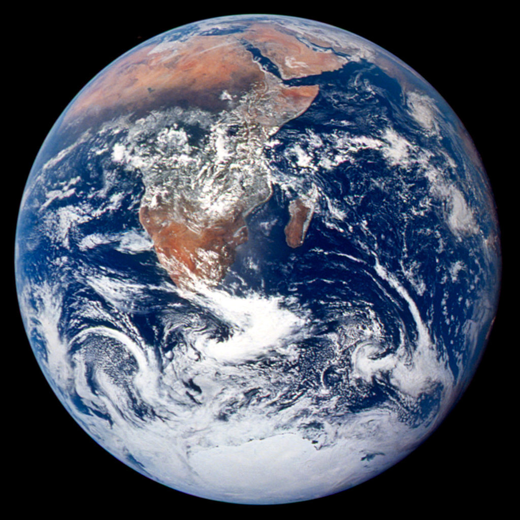 This classic picture of Earth was taken on Dec. 7, 1972, by the Apollo 17 crew on its way to the moon. It captures the space between the Mediterranean Sea and the Antarctica South Polar ice cap.
Source: NASA
This classic picture of Earth was taken on Dec. 7, 1972, by the Apollo 17 crew on its way to the moon. It captures the space between the Mediterranean Sea and the Antarctica South Polar ice cap.
Source: NASA