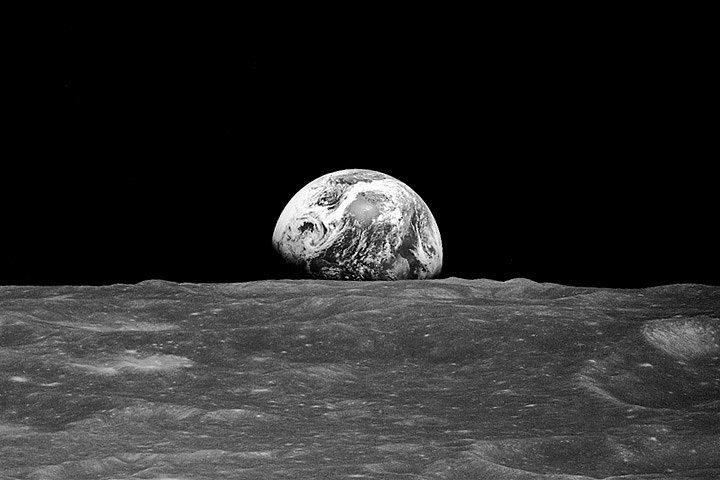 Here we see the well-known "Earthrise" photo taken on the Apollo 8 mission. As NASA explains it, "On Dec. 24, 1968, Apollo 8 astronauts Frank Borman, James Lovell, and William Anders were coming around from the far side of the Moon on their fourth orbit. Borman began to roll the spacecraft, and as he did, the Earth rose into view over the Moon’s limb. Anders, photographing the Moon from the right side window, caught sight of the view and exclaimed: 'Oh, my God, look at that picture over there! There’s the Earth comin’ up. Wow, is that pretty!' He snapped a black-and-white photo, capturing humanity’s first view of Earth from another planetary body."
Source: Bill Anders/NASA
Here we see the well-known "Earthrise" photo taken on the Apollo 8 mission. As NASA explains it, "On Dec. 24, 1968, Apollo 8 astronauts Frank Borman, James Lovell, and William Anders were coming around from the far side of the Moon on their fourth orbit. Borman began to roll the spacecraft, and as he did, the Earth rose into view over the Moon’s limb. Anders, photographing the Moon from the right side window, caught sight of the view and exclaimed: 'Oh, my God, look at that picture over there! There’s the Earth comin’ up. Wow, is that pretty!' He snapped a black-and-white photo, capturing humanity’s first view of Earth from another planetary body."
Source: Bill Anders/NASA