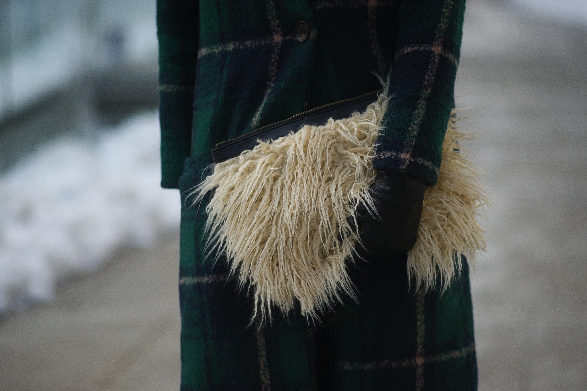 So clutch: this fuzzy carryall. 
