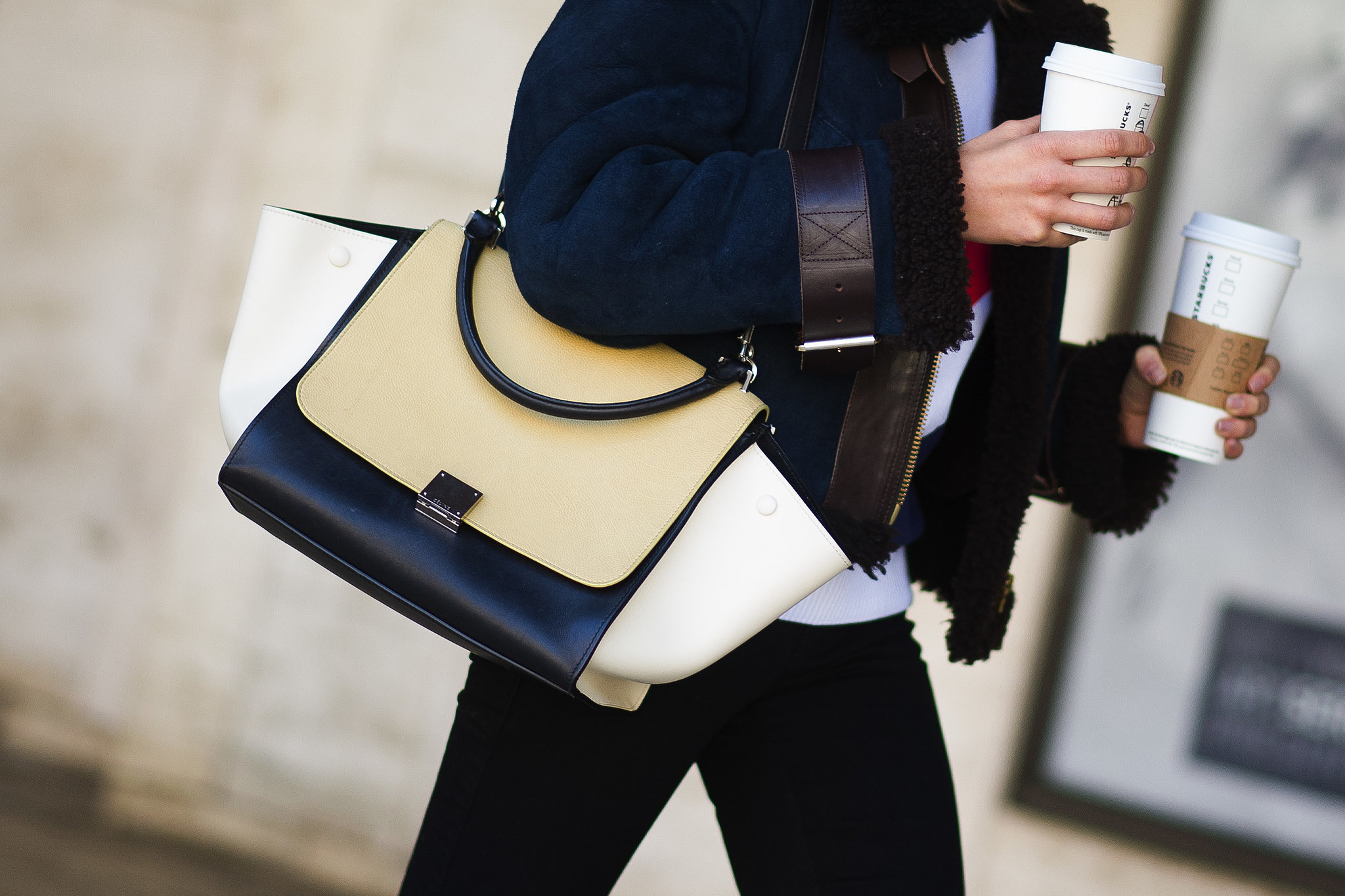 Fashion Week must haves: a chic Céline tote and a double dose of caffeine. 
