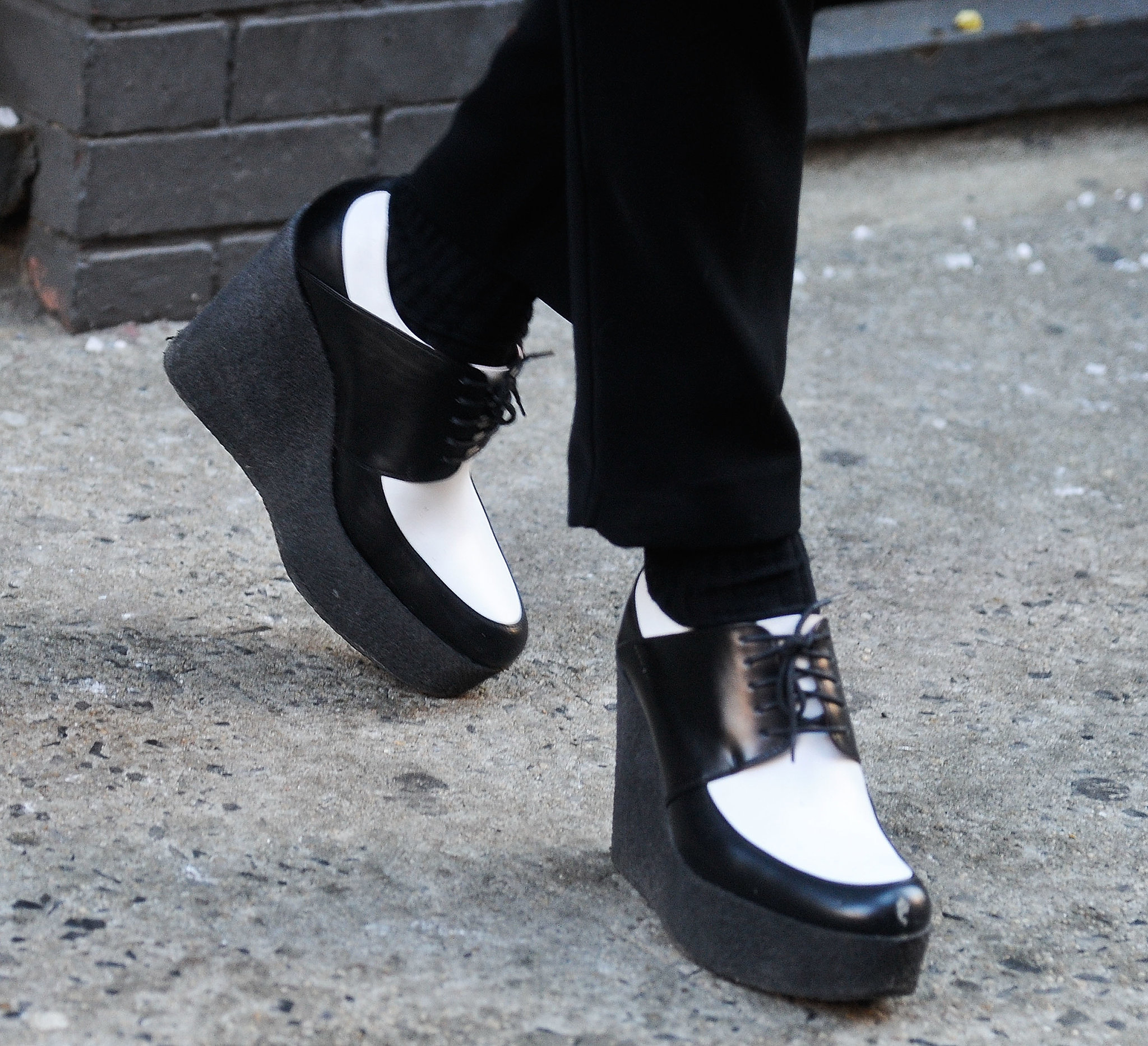 Black and white creepers make a standout look from the ankles down
