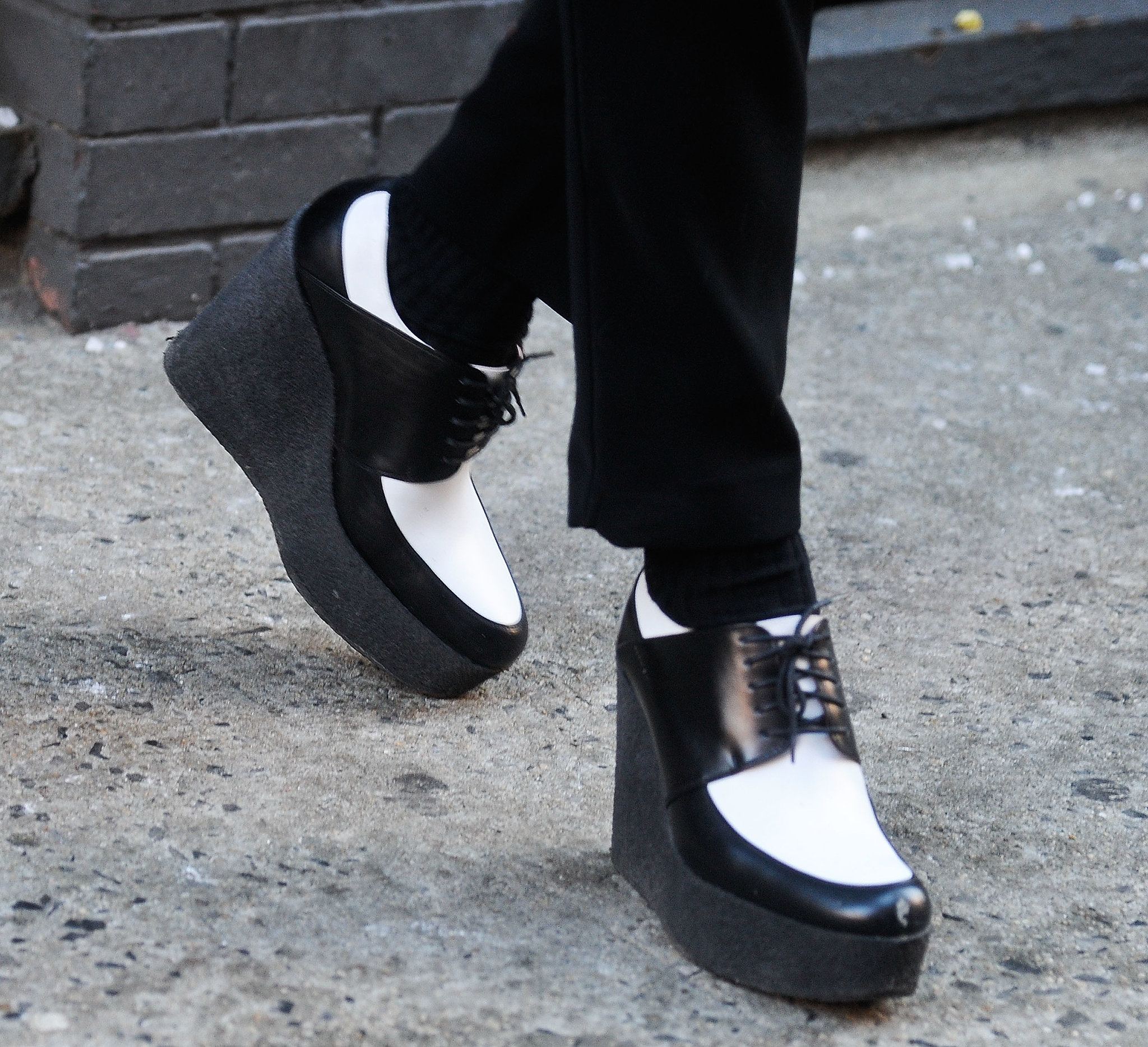 Black and white creepers make a standout look from the ankles down. 

