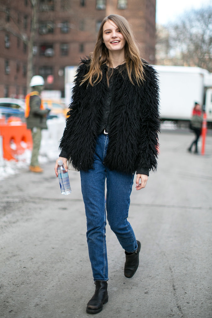 This blue jean baby topped her denim with a nod to the '70s. 
