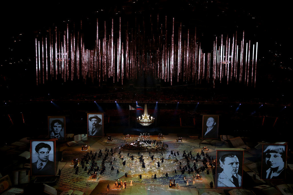 The performers paid tribute to Russian literature with giant portraits of authors.
