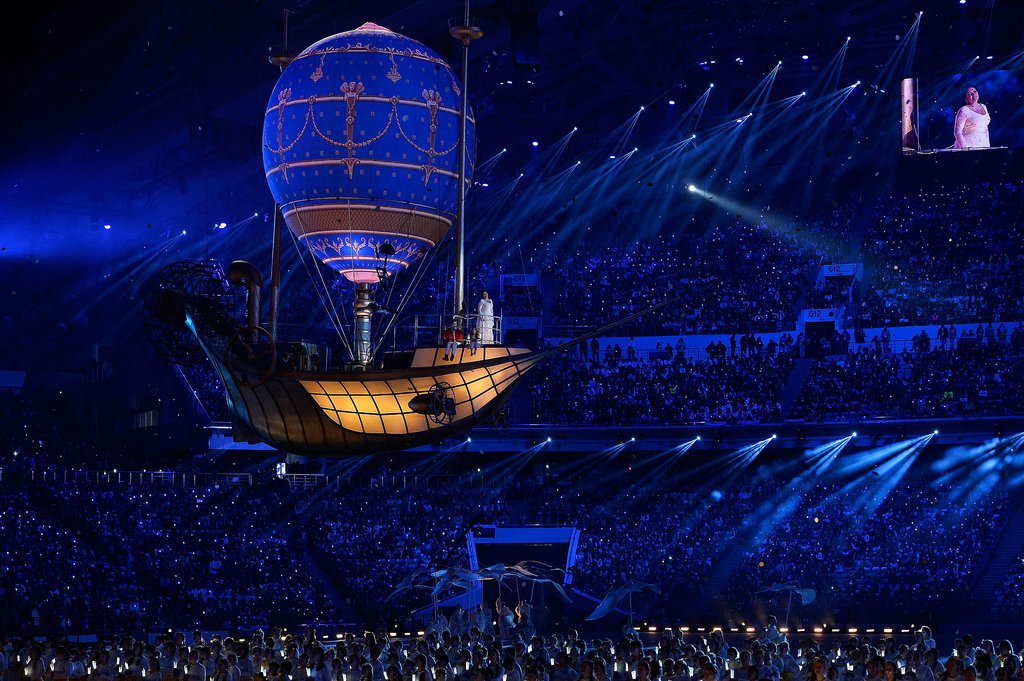 Russian singer Anna Netrebko performed from inside a glowing gondola.
