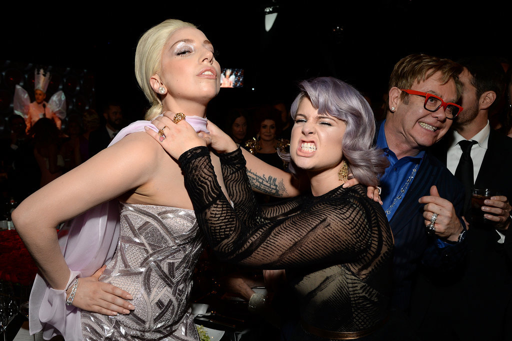 Kelly Osbourne pretended to choke Lady Gaga at the Elton John viewing party.
Kelly Osbourne pretended to choke Lady Gaga at the Elton John viewing party.