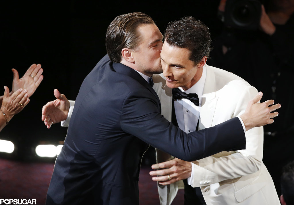 Fellow nominee Leonardo DiCaprio congratulated Matthew McConaughey on his best actor win with a kiss.
Fellow nominee Leonardo DiCaprio congratulated Matthew McConaughey on his best actor win with a kiss.