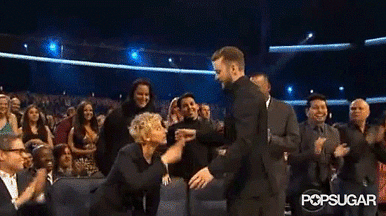 Ellen DeGeneres gave a kiss and hug to Justin Timberlake after pretending to accept his award at the Grammys.
Ellen DeGeneres gave a kiss and hug to Justin Timberlake after pretending to accept his award at the Grammys.