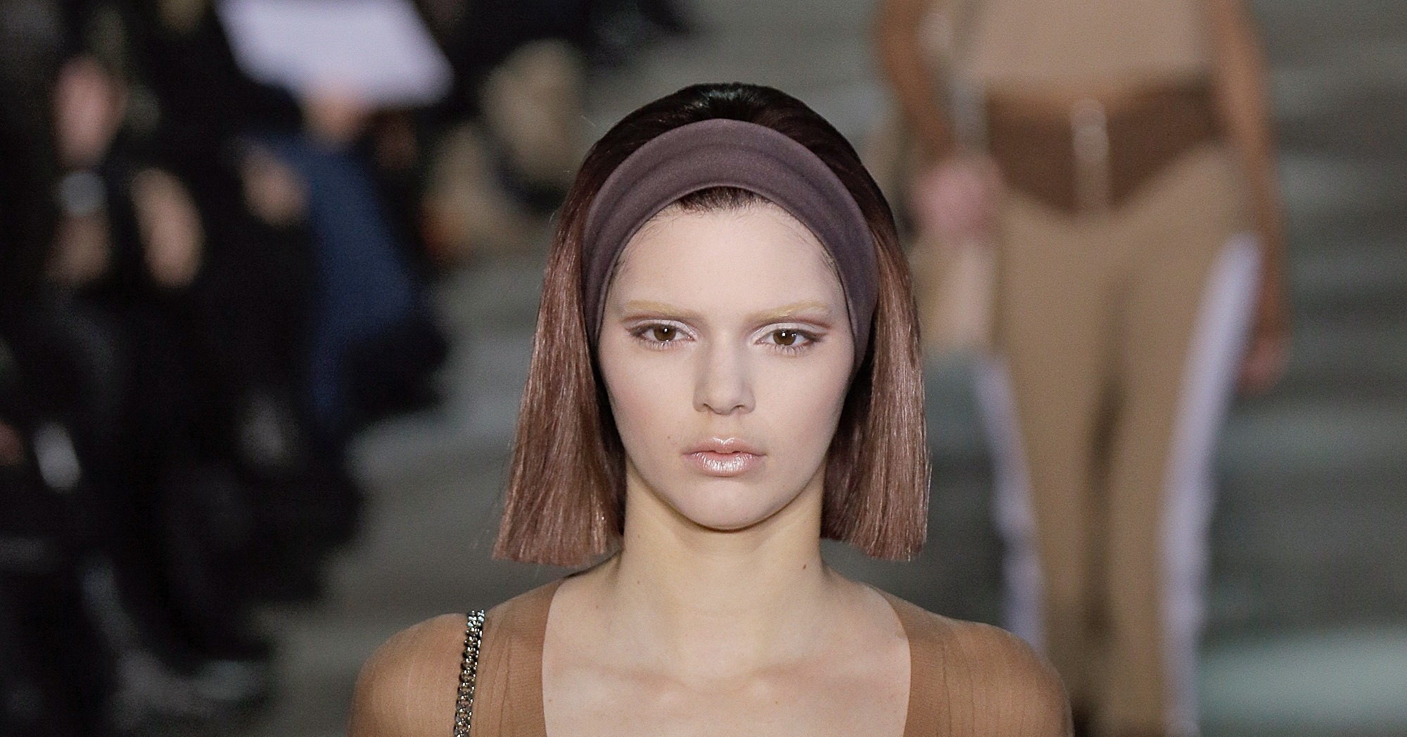 Kendall sported bleached eyebrows and a sheer top at the Marc Jacobs