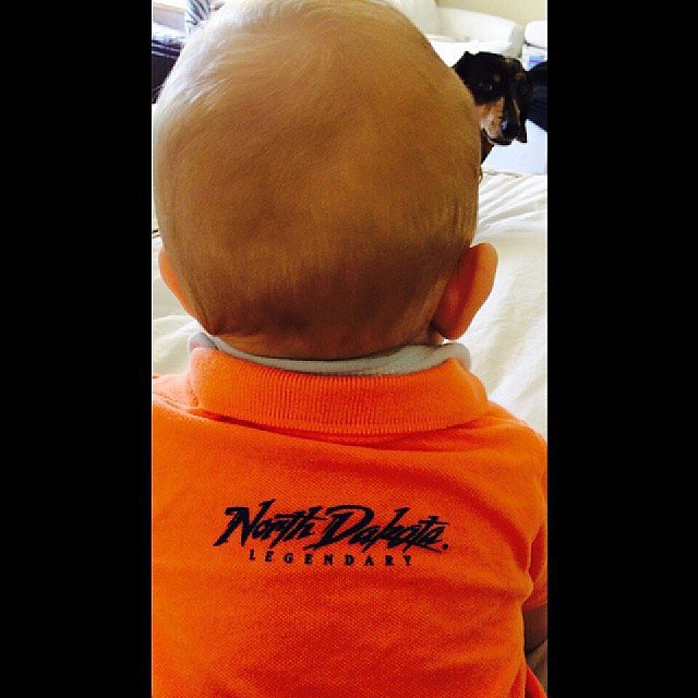 Axl Duhamel showed his North Dakota pride, along with a photobomb from his little puppy.
Source: Instagram user joshduhamel
Axl Duhamel showed his North Dakota pride, along with a photobomb from his little puppy.
Source: Instagram user joshduhamel