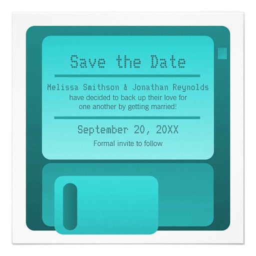 Throw it way back with this unique floppy disk save the date ($2 each).
Throw it way back with this unique floppy disk save the date ($2 each).