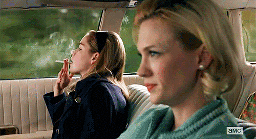 Sally comes home from her boarding school visit a new woman, and Betty even lets her smoke a cigarette in the car.
Sally comes home from her boarding school visit a new woman, and Betty even lets her smoke a cigarette in the car.