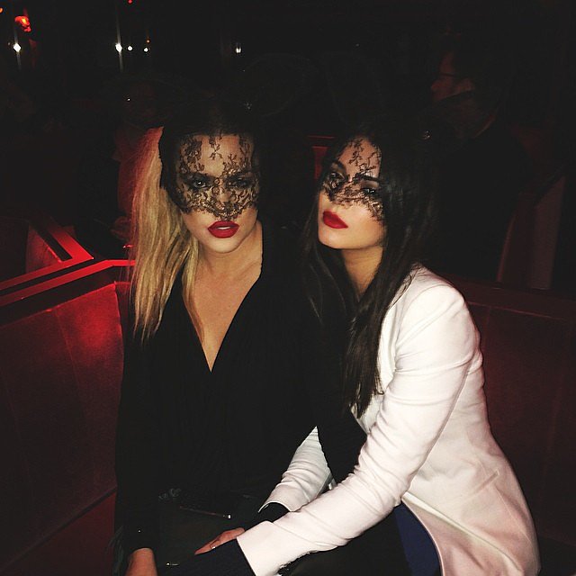 Khloé and Kendall wore lace masks. 
Source: Instagram user kendalljenner
