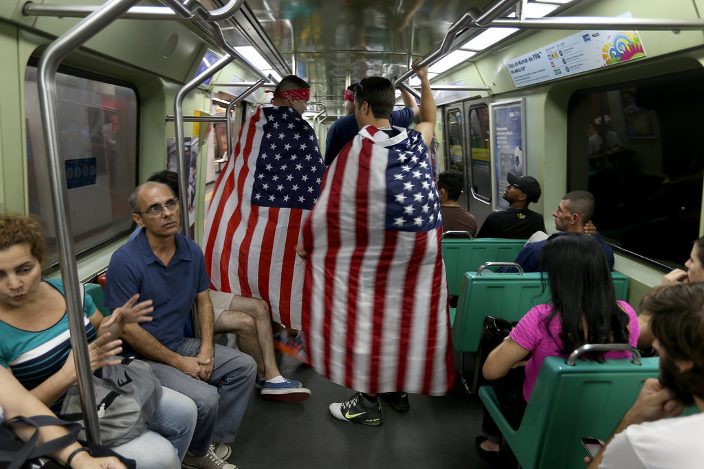 In Rio de Janeiro, Brazil, fans wearing American flags rode the subway.
In Rio de Janeiro, Brazil, fans wearing American flags rode the subway.