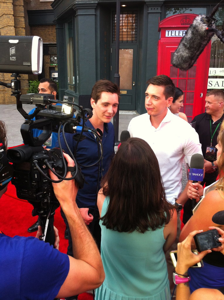 I got some blushing when I asked James (left) and Oliver Phelps about the best Harry Potter pickup lines they've heard.
I got some blushing when I asked James (left) and Oliver Phelps about the best Harry Potter pickup lines they've heard.