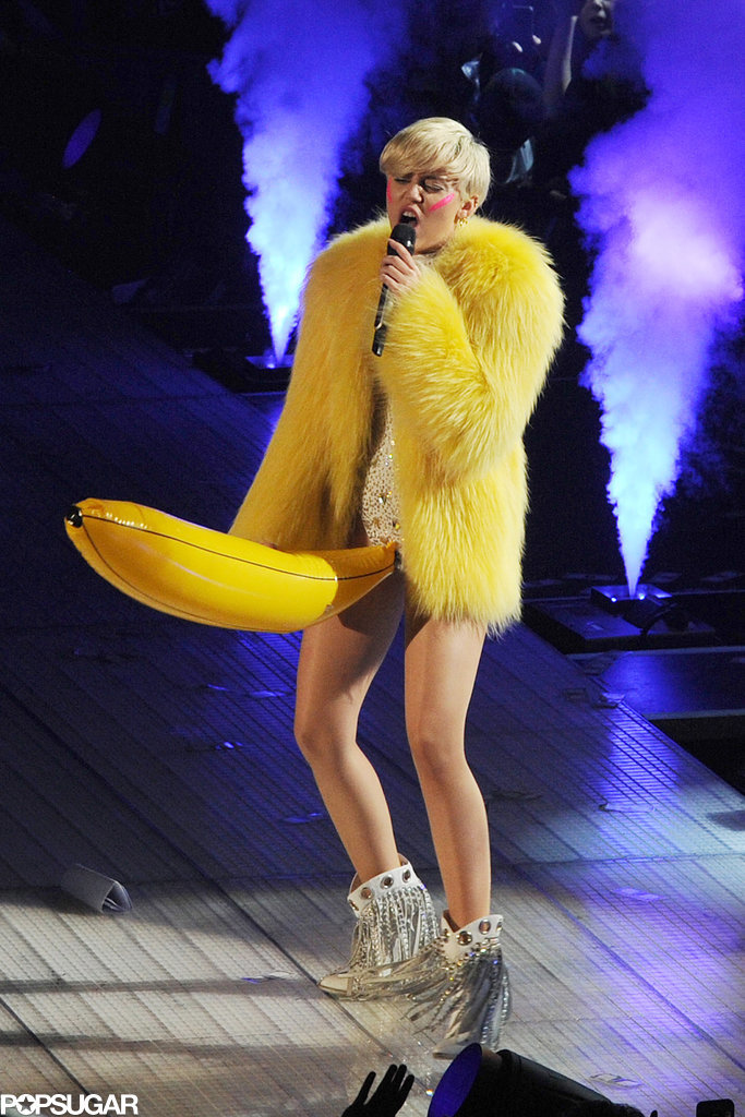 Miley Cyrus performed in a banana costume at the Ziggo Dome in Amsterdam for the final date of her European Bangerz tour on Sunday.
Miley Cyrus performed in a banana costume at the Ziggo Dome in Amsterdam for the final date of her European Bangerz tour on Sunday.