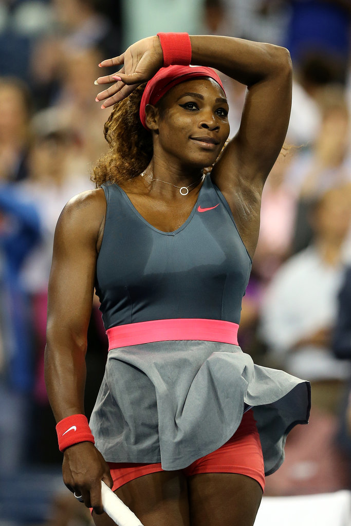 Serena Williams paired dark gray with pops of pink and red at the 2013 US Open.
Serena Williams paired dark gray with pops of pink and red at the 2013 US Open.