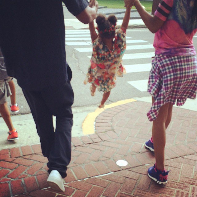 Blue got a ride in her parents arms. 
Source: Instagram user beyonce
