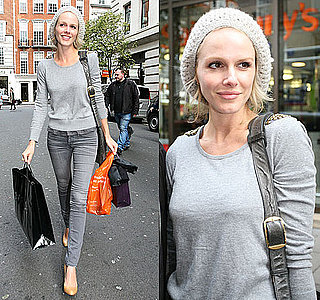 Actress Monet Mazur in All Gray Outfit Shopping in London