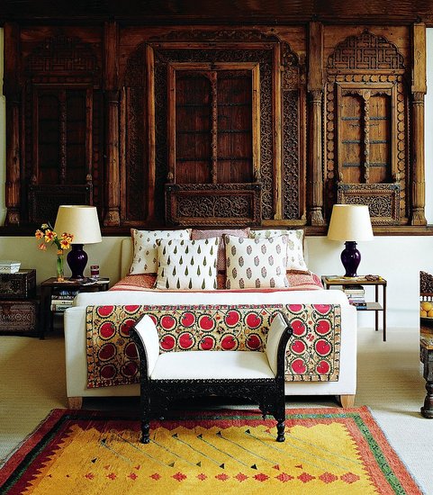 Decorator Matthew Patrick Smyth installed an 18th-century Moghul façade from a merchant’s house as a headboard in the master bedroom of a documentary-filmmaker client in London; the hand-blocked fabrics are from India, and the suzani is 19th century. Photo: Simon Upton
Decorator Matthew Patrick Smyth installed an 18th-century Moghul façade from a merchant’s house as a headboard in the master bedroom of a documentary-filmmaker client in London; the hand-blocked fabrics are from India, and the suzani is 19th century. Photo: Simon Upton