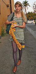 Straight-Haired Taylor Swift in LA Wearing Striped Dress, Floral Scarf, and Patterned Tights