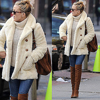 Kate Hudson Wears Ivory Fur Coat and Brown Suede Stuart Weitzman Over the Knee Boots in NYC