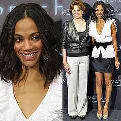 Zoe Saldana Wears White Ruffle Blouse and Bow Belt at Avatar Photo Call in Germany