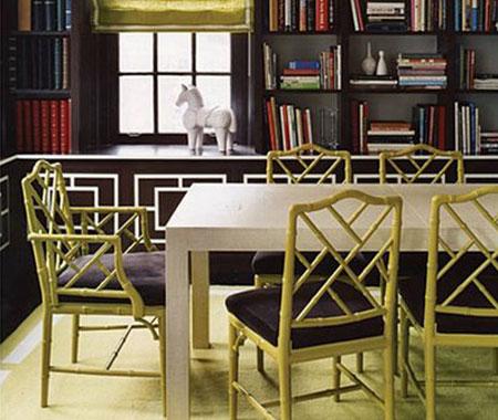 Jonathan Adler used a poppy citrine shade for these chairs, which provides an unexpected contrast to the brown shelving unit.
Source
Jonathan Adler used a poppy citrine shade for these chairs, which provides an unexpected contrast to the brown shelving unit.
Source