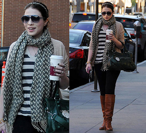 Photos of Michelle Trachtenberg in Striped Shirt and Boots at Coffee Bean in LA