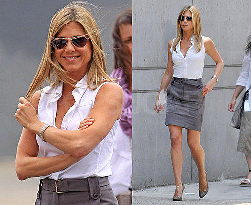 Photos of Jennifer Aniston Wearing a Pencil Skirt on the Set of The Bounty