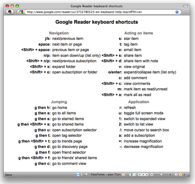 Key of Google Reader Keyboard Shortcuts