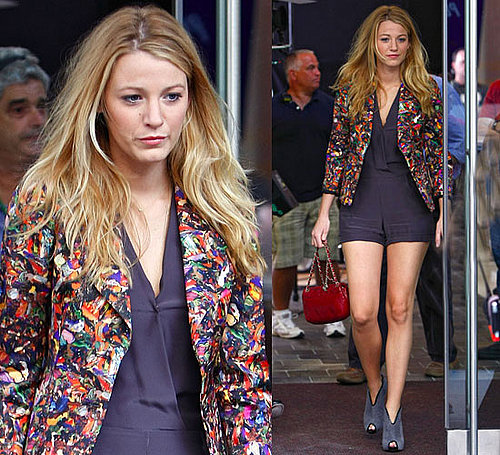 Photo of Blake Lively Wearing Navy Blue Jumper and Colorful Blazer in NYC