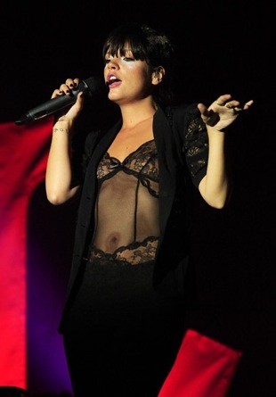Lily Allen Performs in London Wearing a Black Lace Teddy Lingerie